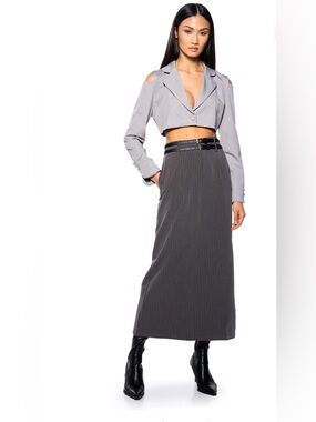 A328. Double Belt High-Waist Charcoal Pinstripe Maxi Skirt